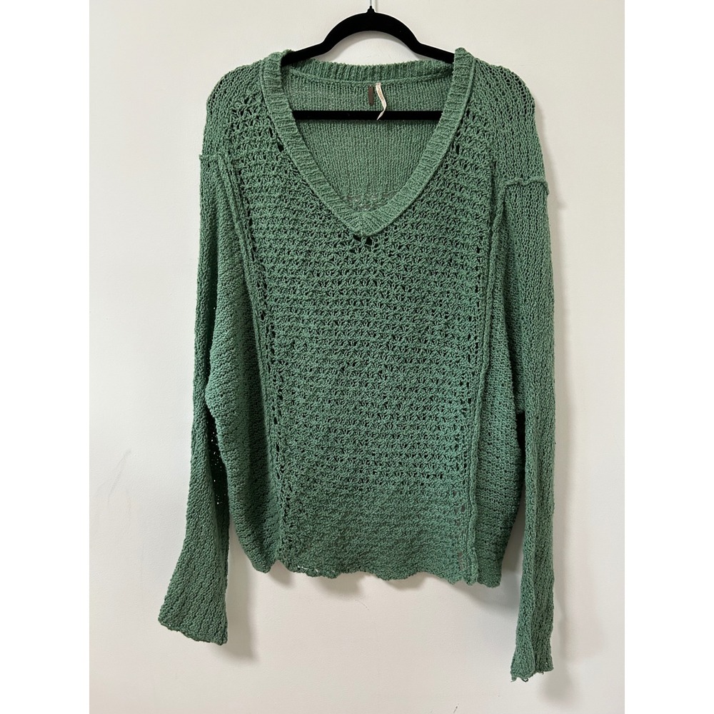 Free People Laguna Coast Womens Sage Green Open V-Neck Oversized Sweater‎ Sz M
